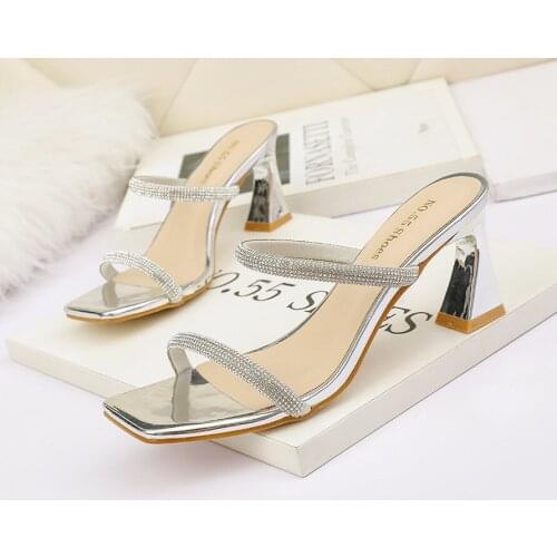 Rome Style Lady Casual Square Toe Slippers Sandals Summer Outdoor Rhinestone Solid Color Women Ytmtloy Zapatillas Mujer Casa