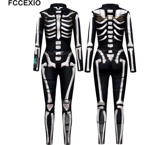 FCCEXIO Adult Women 3D Skeleton Had Halloween Cosplay Fancy Dress Spandex Jumpsuit Plus Size Long Sleeve Cosplay New Jumpsuit