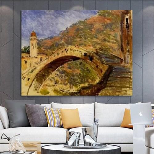 100% Hand Painted Handmade Famous Claude Monet Dolceacqua, Bridge, 1884 Art Landscape Oil Painting Wall Pictures Frameless