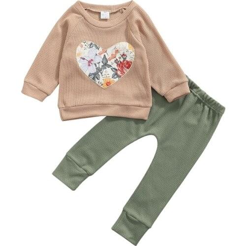 2021 Autumn Toddler Kids Baby Girl Long Sleeve Floral Heart Pullover Tops Long Pant Trouser 2PCS Girls Clothing Set