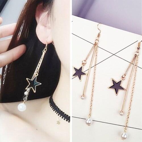 2020 Korean Version of The Trendy Pearl Ear Hook Chain Stick Long Star Tassel Earrings Fashion Accessories