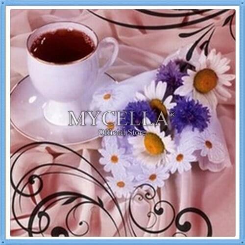 5d Diy Diamond Painting Coffee and flowers Full Round Rhinestone Mosaic Cross Stitch Diamond Embroidery Home Decor Crafts Gift