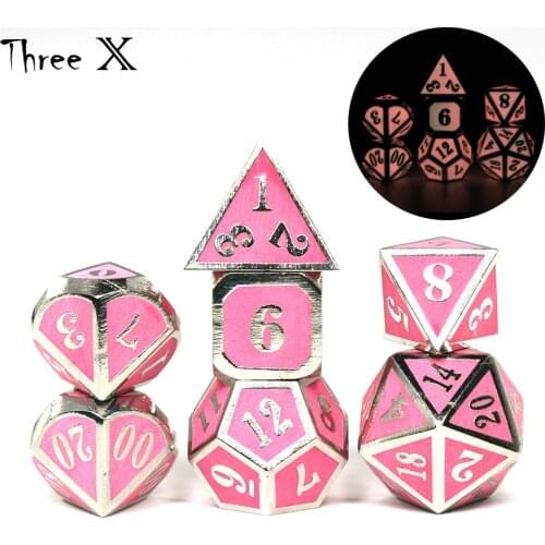 7 Die Metal Glow In The Dark Polyhedral Dice Set DND Role Playing Game with Storage Bag for RPG DND Math Teaching