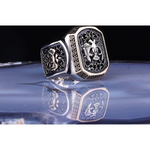 925 Sterling Silver Men Ring with double headed eagle motif, Animal Ring Jewelry, handmade Ring Collection Made in Turkey 2021