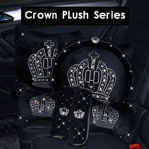 Diamond Crown Car Headrest Neck Pillow Plush Crown Crystal Auto Headrest Waist Supports Cushion Women Girls Car Accessories