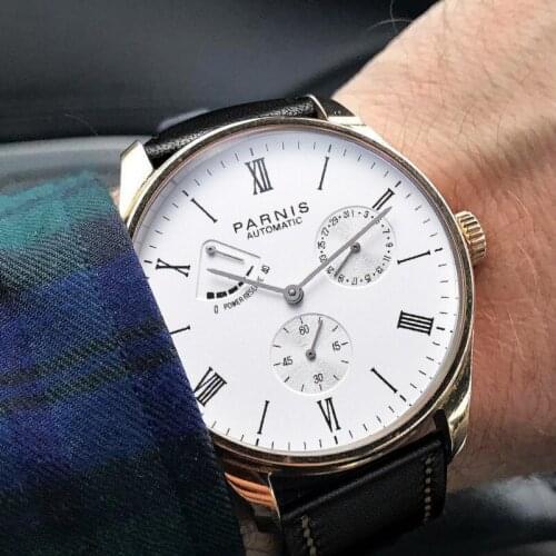 41MM Mens Power Reserve Watch Auto Date Waterproof White Dial Luxury Leather Strap Automatic Mechanical Wristwatches Man Clock