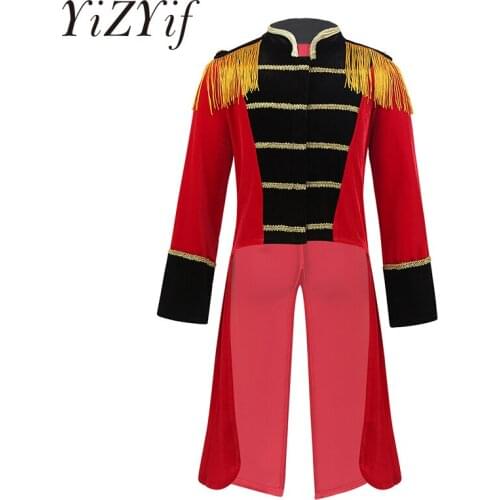 Kids Boys Halloween Cosplay Circus Ringmaster Costume Long Sleeves Stand Collar Fringes Gold Trimmings Tailcoat Jacket Role Play