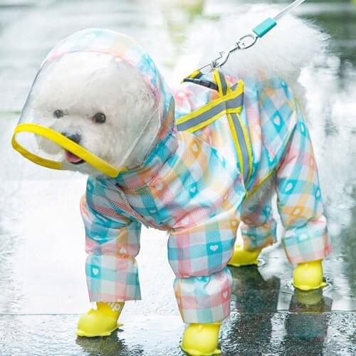 Pet Dog Raincoat plaid raincoat traction rope big brim pet poncho four-legged all-inclusive small dogs reflective clothes
