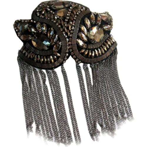 Women Kids Handmade Shoulder Badge Rhinestone Beaded Metal Tassels Epaulettes Q1FA