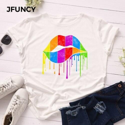 JFUNCY 100% Cotton Summer T Shirt Women Plus Size New Colorful Lips Print Tee Top Short Sleeve Woman T-shirt Female Loose Tshirt