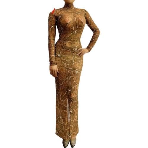 Sparkly Rhinestones Mesh Transparent long dress Gold Evening Prom Celebrity Party Dresses stage dance wear