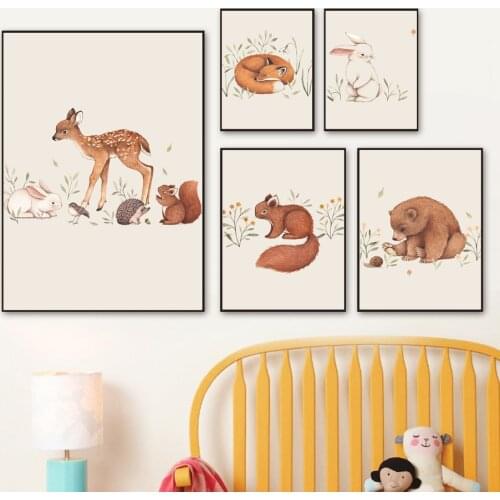 Fox Deer Rabbit Squirrel Bear Hedgehog Wall Art Canvas Painting Nordic Posters and Prints Wall Pictures Childrens Room Decorati