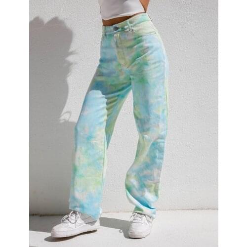 2021 New Womans Fashion Tie-dye Print Casual Jeans Loose Denim Long Trousers with Pockets Streetwear Ladies Straight Pants