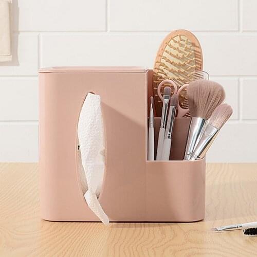 Plastic Desktop Comestics Makeup Brush Storage Tissue Box Makeup Organizer Pen Pencil Holder Shelf Comb Organizador Pink