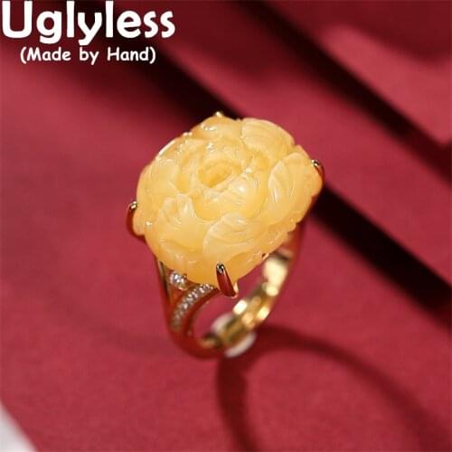 Uglyless Natural Beeswax Amber Blood Red Amber Rings for Women Exaggerated Big Gemstones Rings Peony Flowers Jewelry 925 Silver