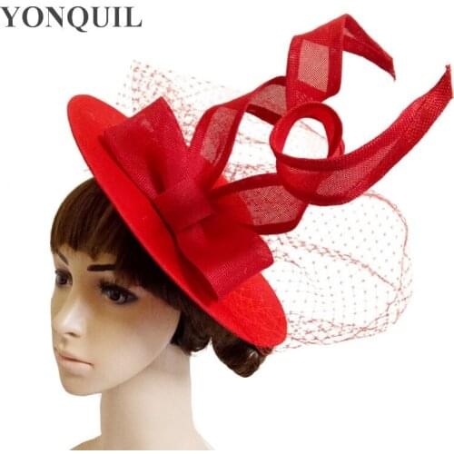 Imitation Sinamay Fascinator Hats White Bowknot Kentucky Derby Wedding Cocktail Church Sinamay Hairclips Gril Red Women Headwear
