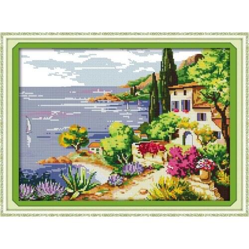 Seaside Landscape Cross Stitch Plant Pattern Traditional Embroidery 11CT 14CT Needlework Home Decoration Painting Crafts DIY Set