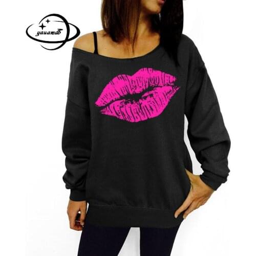 Yauamdb Women Sweatshirt Clothes Spring/Autumn Sexy Female Red Big Lips Print Off Shoulder Ladies Long Sleeve Edge Pullovers Y22