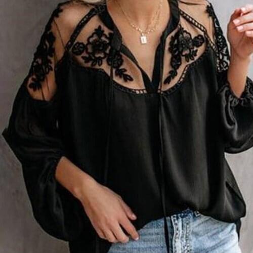 Womens White Polyester Mesh Lace Tops Black Lantern Long Sleeve Blouse Transparent Boho Womens Shirt 2020 Summer Fashion Shirts