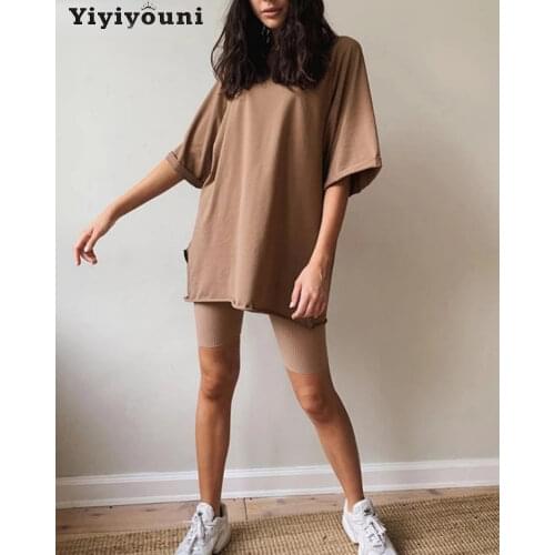 Yiyiyouni Casual Loose Short Sleeve T-Shirt and Shorts 2 Piece Suit Women Summer Solid Tracksuits Female Cotton Shorts Outfits