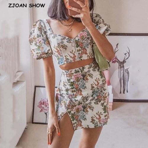 2020 Summer Zipper Cotton linen Floral Short T-shirt Crop Top Sexy Women Hem Slit Mini Short Skirt Puff Sleeve Tops 2 Pieces Set
