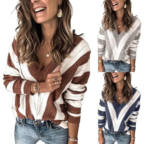 Sweaters For Women Pullover 2021 Stripe Stitching Sweater New Style V-neck Hollow Pullover Women Winter Clothes MMY120244