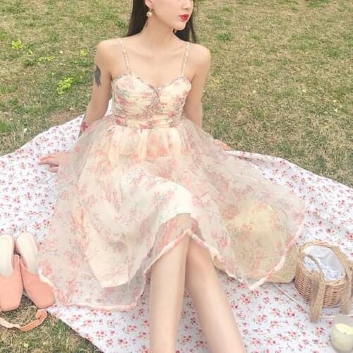 2021 Summer Women Romantic Fairy Organza Dress Suspenders Fold Floral Mesh Dress Strapless Holiday Travel Sweet Backless Dress