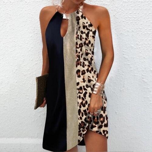 Vintage Metal Halter Party Dresses Women Elegant Backless Sleeveless Summer Dress Fashion Leopard Printing Patchwork Mini Dress