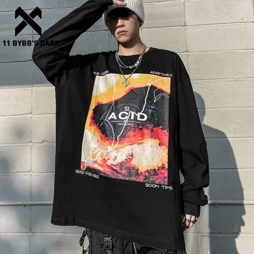 11 BYBBS DARK Streetwear Dark Graffiti Print Harajuku Long Sleeve Tshirt Men 2021 Hip Hop O-neck Pullovers Loose Cotton Tees
