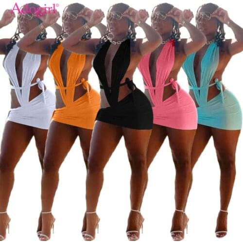 Adogirl Women Sexy Summer Beach Two Piece Set Deep V Neck Halter Backless Bodysuit Lace Up Bodycon Mini Skirt Swimwear Suit