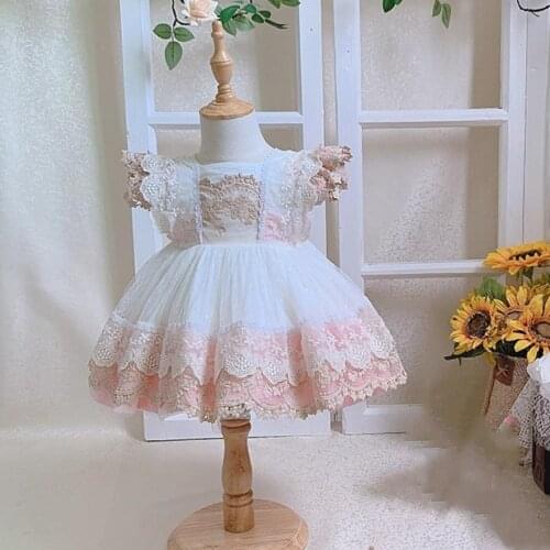2PCS Summer New Spanish Girls Princess Ball Gown Lace Bow Mesh Stitching Birthday Party Easter Girl Lolita Dress A277