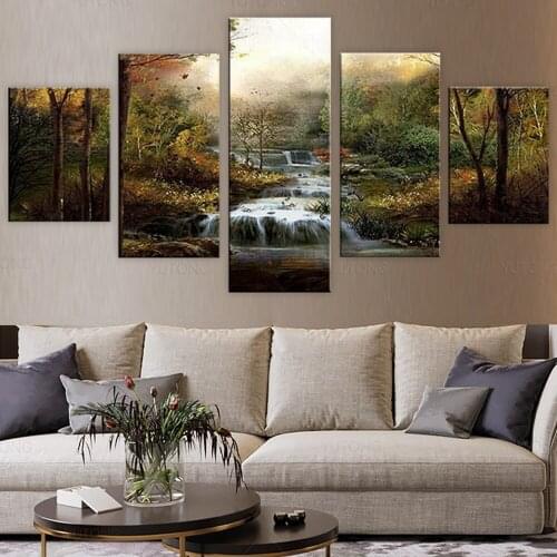 Decor Living Room Wall Printed Autumn Flow Waterfall 5 Pieces Fantasy Nature Paintings Art Modular Pictures Canvas Poster