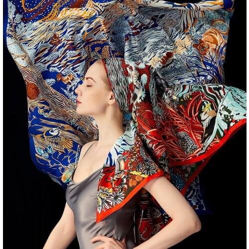 Double-Side Print 100% Silk Scarf Shawl 16mm Luxury Large Square Silk Head Scarf Hijab for Hair Wrapping 105*105cm
