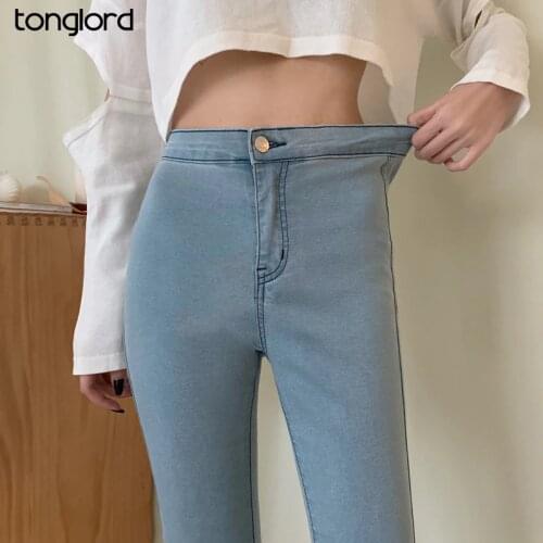 Tonglord Womens Stretch High Waist Jeans Autumn Skinny Trousers Woman Black Blue Gray Washed Pencil Pants Elastic Denim Pants