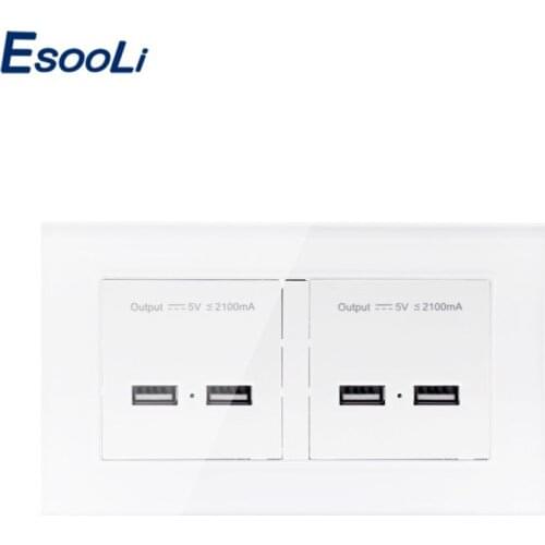 Esooli Wall Socket 4 USB Smart Induction Charge Port For Mobile 5V 4.2A Output LED Indicator Crystal Tempered Glass Panel