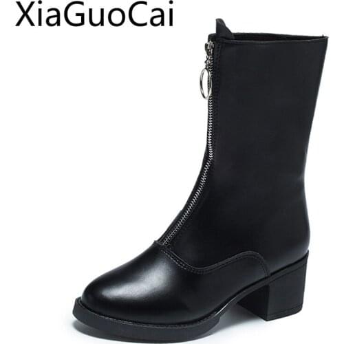 Leather Womens Motorcycles Booties Round-toe Front Zipper Mid-calf Boots Thick with The Retro Tube Martin Boots