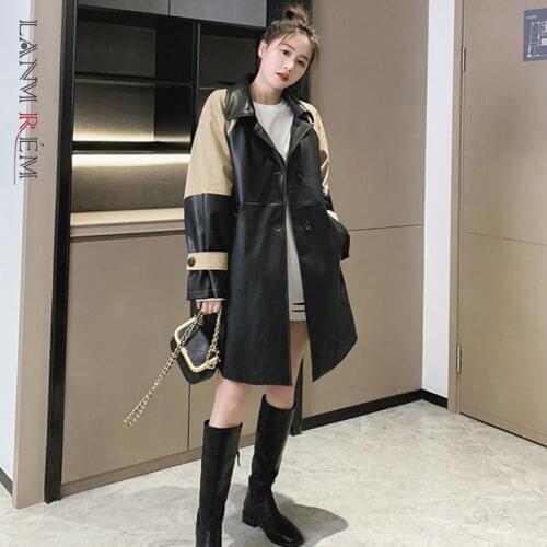 LANMREM Womens Stitching Leather Mid Long PU Leather Coat Fried Clothes Loose Fit Fashion Tide 2021 New Arrival 2K2274