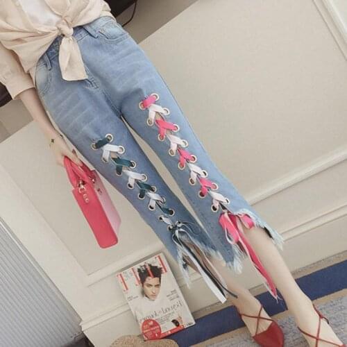 HOT Spring and Autumn Womens jeans Woman pants Student Lace Up 7-point pants High waist Show thin Oversize All-match Fashion