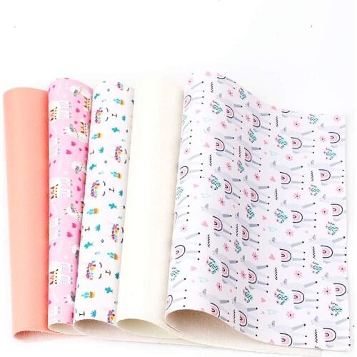 AHB 22*30cm 5pcs/set Cartoon Alpaca Printed Faux Leather Sheet Glitter Synthetic Leather Fabric For Handmade Hair Bow Material