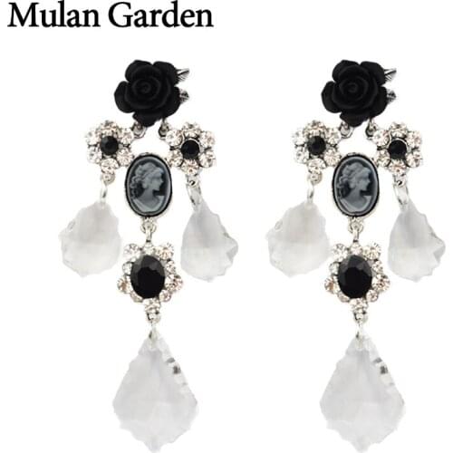 M&G Zircon Black Flower Gothic Earrings Women Black Glass Dangle Drop Earrings Vintage Jewelry Stainless Steel Needle New Gift