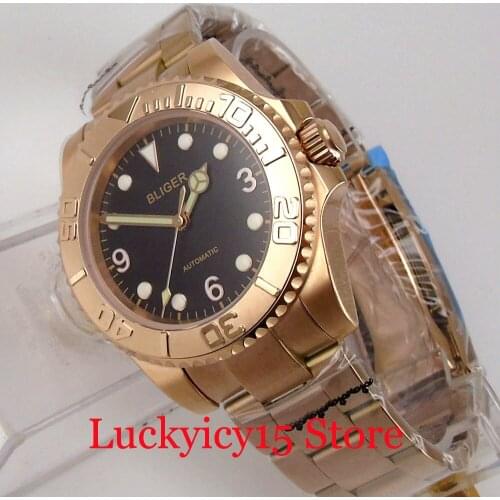 BLIGER All Rose Gold Coated Mechanical Men Watch Screwdown Crown 21 Jewels MIYOTA 8215 Oyster Band Luminous Hand Glide Lock