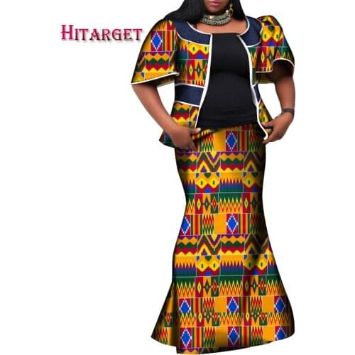New African Top And Stright Skirt Sets For Women Bazin Riche African Women Clothing Dashiki 2 Pieces Coat And Skirts Sets WY6695