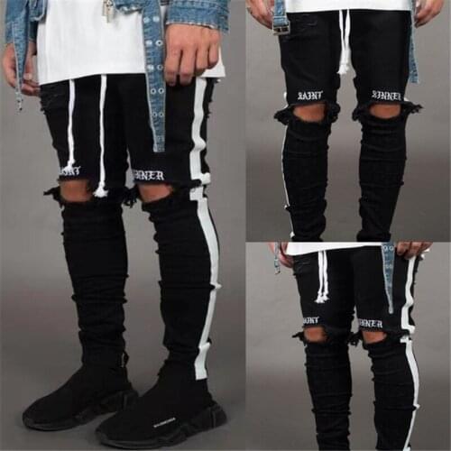 Men White Striped Ripped Jeans HH165