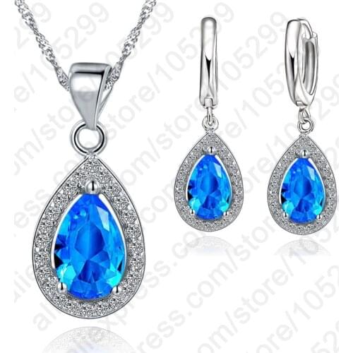 New Cubic Zirconia Jewelry Sets Water Drop Pendants & Necklaces Earring 925 Sterling Silver For Women