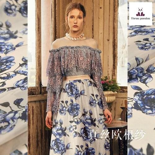 Natural Silk Organza Satin Fabric Cloth Per Meter 14mm 114 cm wide printed see-through clothing dress wedding dress fabric