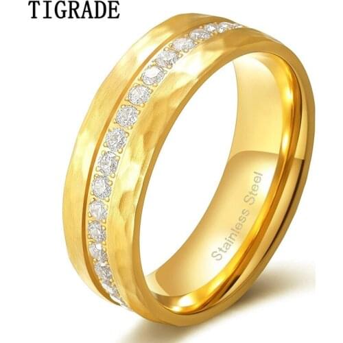 Tigrade New 8mm 18k Gold Plated Stainless Steel Hammered Ring for Men Half Cubic Zirconia Engagement Wedding Bands Size 7-13