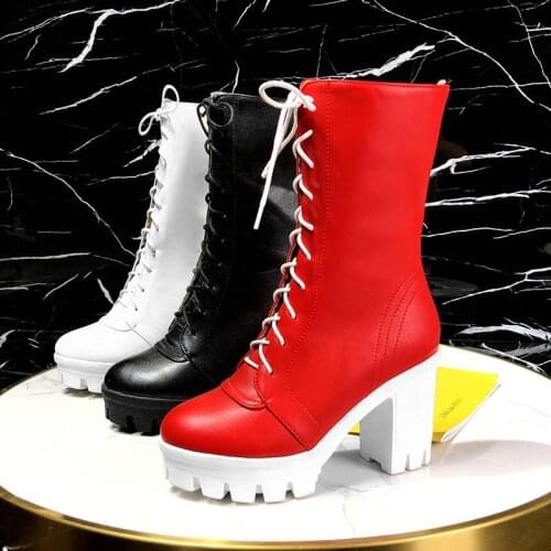 New Winter Martin Boots Ladies High-Heeled Street Fashion Short Boots Ladies Cross Strap Round Toe Womens Shoes Black Red White