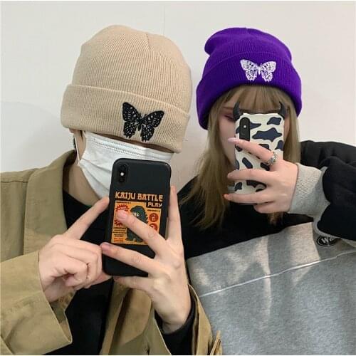 Beanie Hat Butterfly Embroidery 2020 Black Skullies Beanies Hats For Women Men Winter Cap Warm Knitted Hip Hop bonnets for women