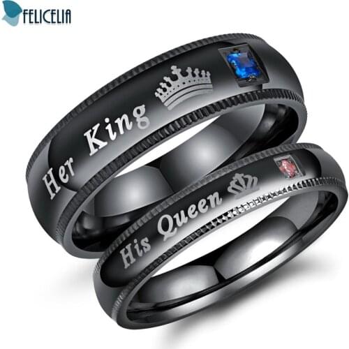 Felicelia Black Stainless Steel King&Queen Couple Rings for Him and Her Sets Wedding Engagement Band