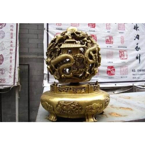 Song voge gem S0418 13"Chinese refined Brass 2 Dragon eddy Feng Shui Balls